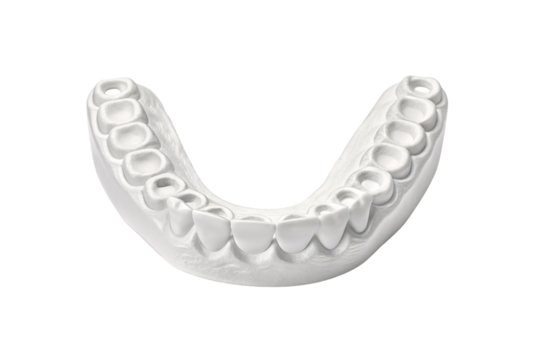 White dental impression mold showing lower jaw teeth arrangement in curved horseshoe shape for orthodontic use, isolated on a transparent background
