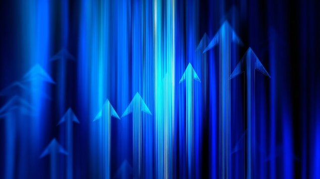 Abstract digital theme with vertical blue curves, bright light streaks, and upward pointing arrows symbolizing growth,