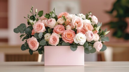 Elegant and Lush Floral Centerpiece Arrangement for an Easter Brunch Table Setting  Pink and White Roses Greenery and Other Spring Blooms in a Ceramic Vase