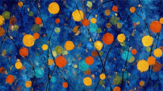 Abstract Painting With Colorful Circles On Blue Background