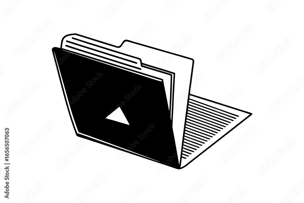 Poster black and white folder icon with play button triangle symbol for media files, isolated on a transpar