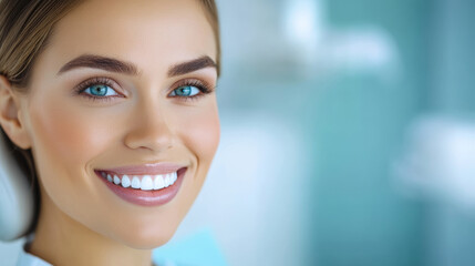 A smiling beautiful young woman showcases her bright smile while in a dental office setting during daytime