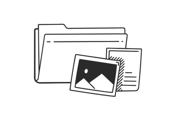 Minimalist line art folder with photograph and document pages for file organization system, isolated on a transparent background