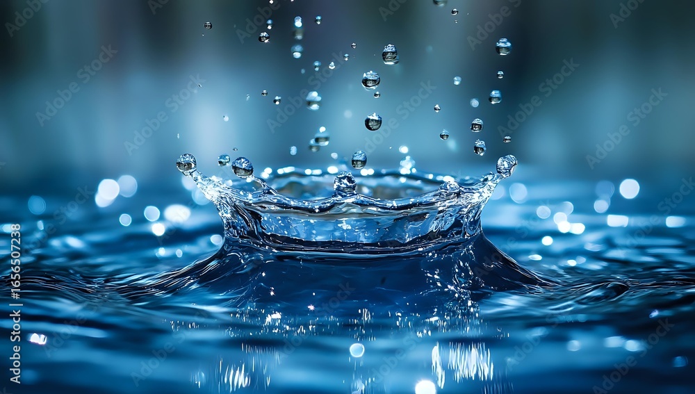 Poster macro photography of water drop impact creating crown splash formation with flying droplets on blue 