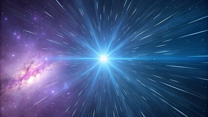 A view of a bright light and streaks in space with nebula on the side