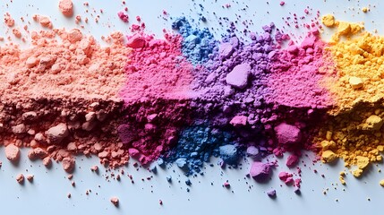 Vibrant crushed makeup powder line in coral, pink, blue, purple and yellow shades on white background, macro cosmetic texture for beauty and fashion industry.