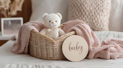 Teddy bear in wicker basket with soft blanket and wooden signs with "Baby" text on it for baby shower party
