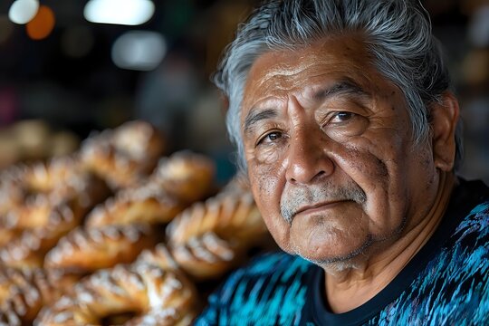 Senior Hispanic man with gray hair and weathered expression wearing turquoise shirt stands near display of fresh baked pastries in local bakery setting.