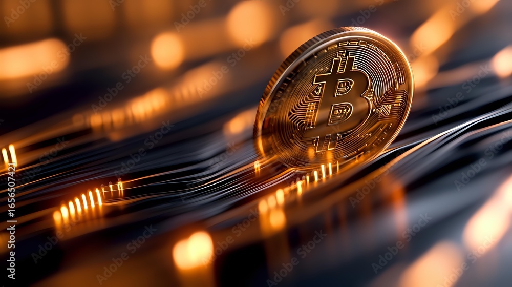 Poster golden cryptocurrency coin on dark reflective surface with warm bokeh lights and digital pattern bac