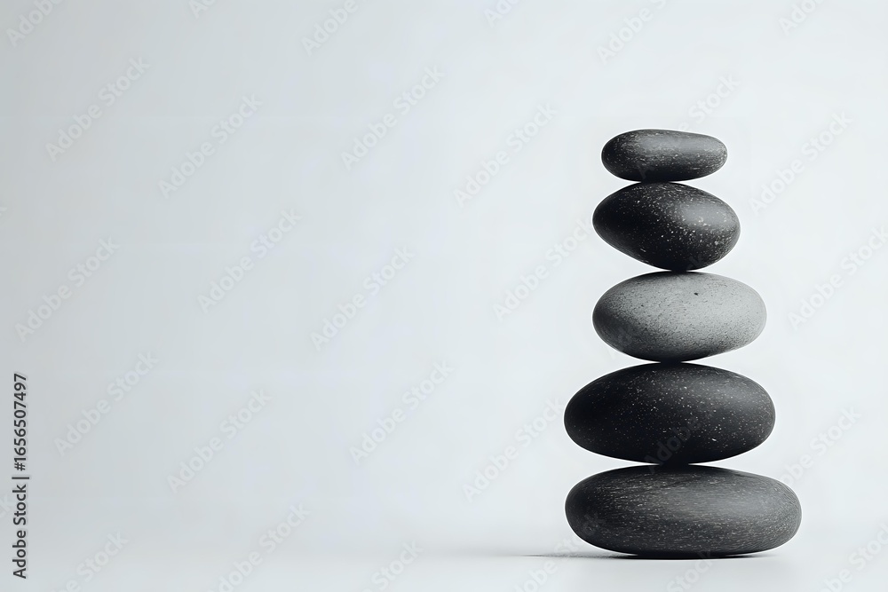 Poster balanced stack of smooth dark zen stones on white background, creating minimalist composition for we