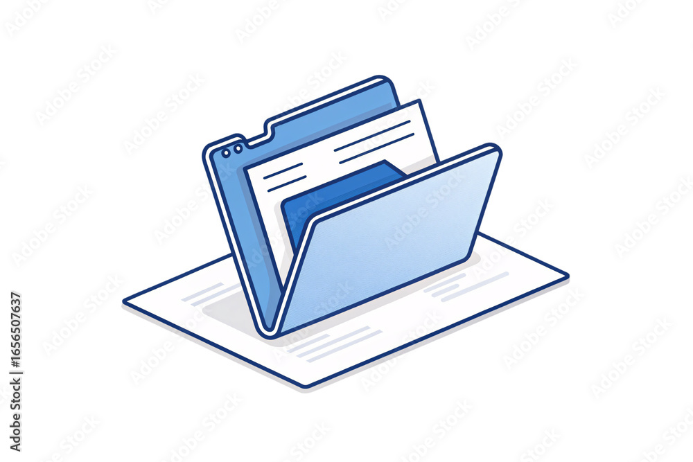 Poster blue folder containing documents and files in organized manner, isolated on a transparent background