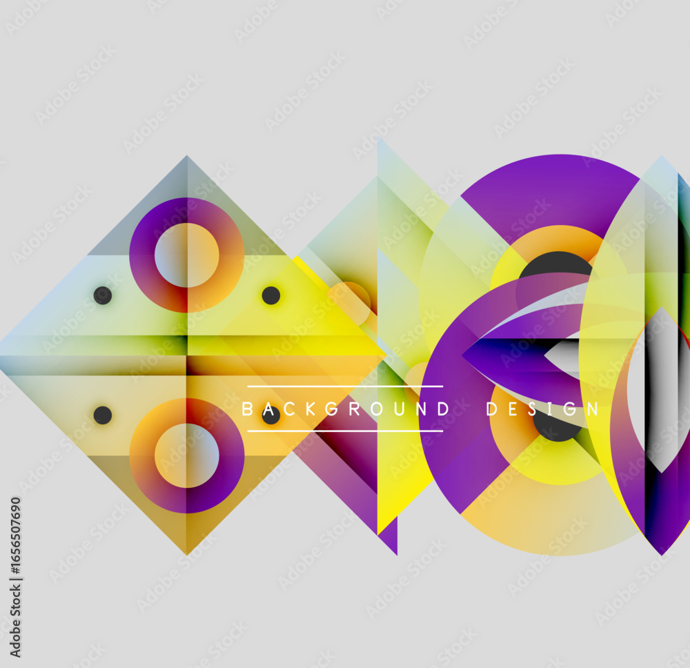 Poster abstract geometric shapes, vibrant colors, modern design. overlapping triangles, circles create dyna