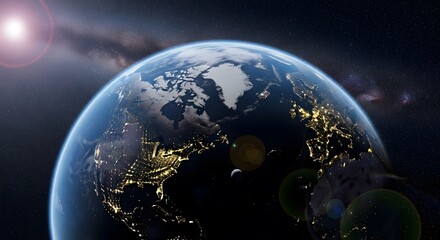 Earth From Space Night View with Illuminated Continents and Starry Sky