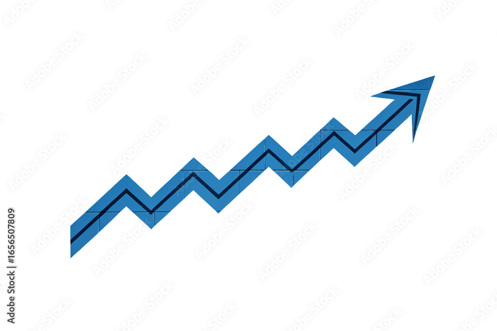 Poster blue dimensional arrow with zigzag upward pattern showing progress, isolated on a transparent backgr