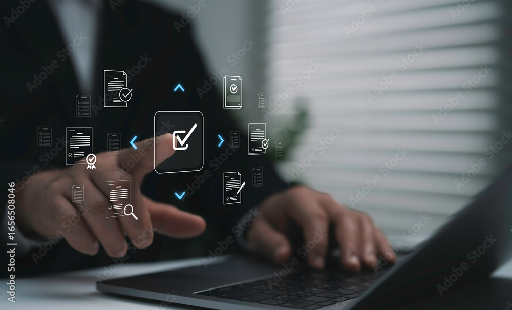 Aufkleber businessman selecting digital checkmark icon with document approval and certification symbols on lap