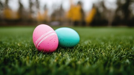 Naklejka premium Vibrant and Playful Painted Easter Eggs Scattered on a Lush Green Lawn Capturing the Festive Atmosphere of a Traditional Easter Holiday Event or