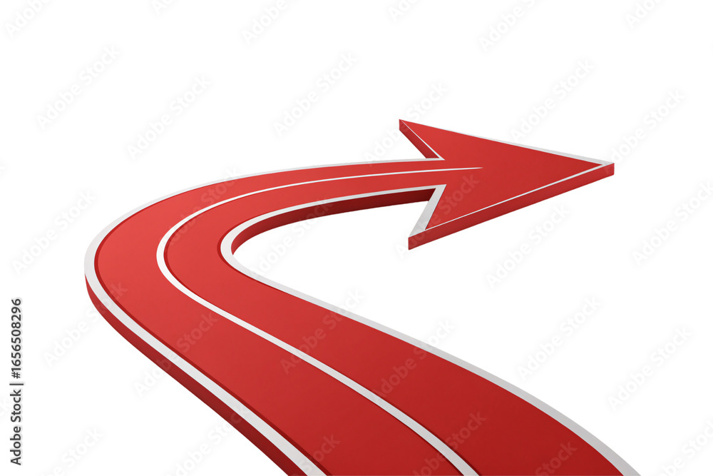 Aufkleber red curved arrow pointing right with white accent lines and bold dimensional design, isolated on a t