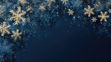 Dark blue background with gold and blue snowflakes and glitter