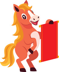 Chinese New Year 2026. Cartoon Horse with Empty Chinese Scroll Illustration.  Year of the Horse