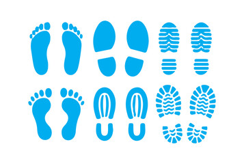 Blue footprint and shoe print icon set. on a white background. footsteps icon or sign for print, Trail shoes on white background. Victor illustration eps10