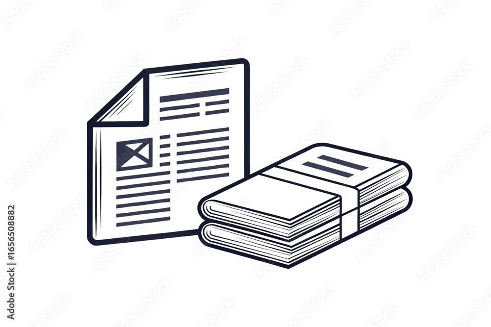 Poster newsletter or flyer with text columns and small image box beside stacked books, isolated on a transp