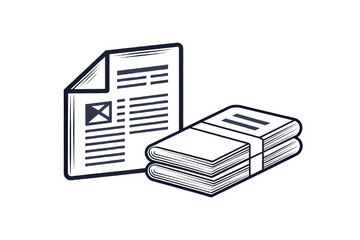 Newsletter or flyer with text columns and small image box beside stacked books, isolated on a transparent background