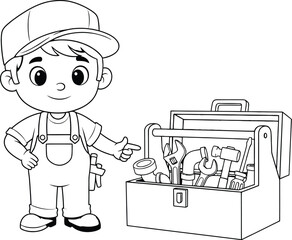 Cartoon handyman pointing to toolbox filled with tools on white