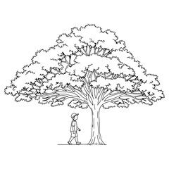 A little boy walking under a tree: This illustration is perfect for themes of childhood, nature, and curiosity, and can be used in educational and environmental designs.