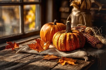 Autumn still life with pumpkins, dried corn and fall leaves on rustic wooden table near window