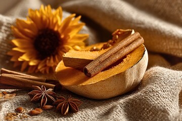 Pumpkin slice with cinnamon sticks, star anise and sunflower on warm textured fabric background
