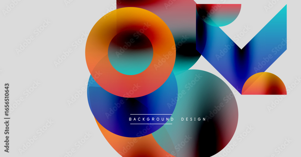 Poster abstract shapes overlap, creating vibrant color blends. modern design features circular, angular ele