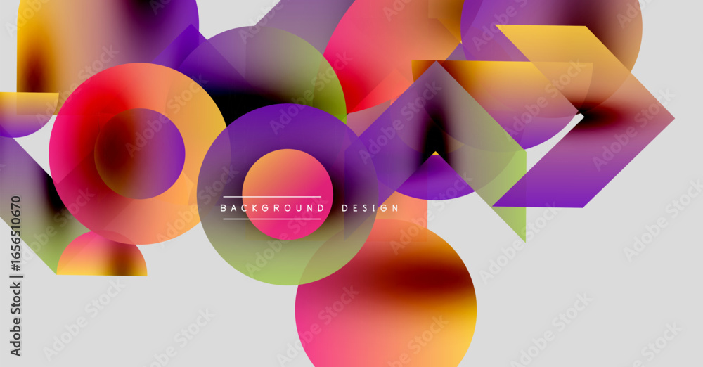Poster abstract colorful shapes overlap, creating dynamic visual texture. gradient hues blend, forming mode