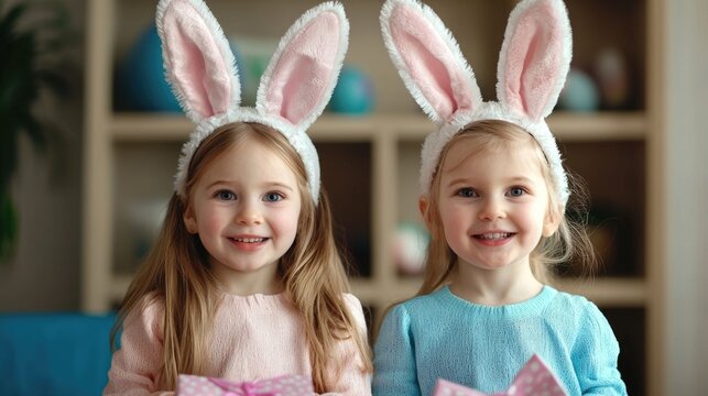 Two young smiling sisters excitedly unwrapping Easter gifts and presents together at home filled with joy and anticipation for the holiday - Powered by Adobe