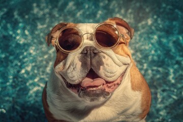 Happy bulldog wearing sunglasses