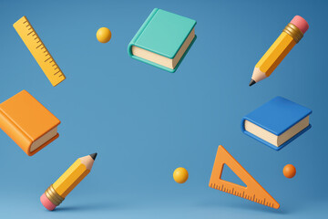 Back to school concept with colorful books pencil ruler and geometric shapes floating on blue background creating playful and creative atmosphere