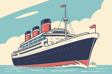 Vintage cruise ship sailing on the ocean with flags