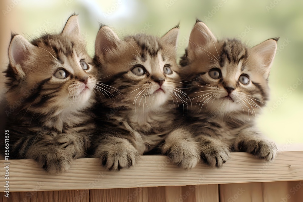 Poster three adorable tabby kittens with fluffy fur sitting in a row on wooden surface, looking up with cur