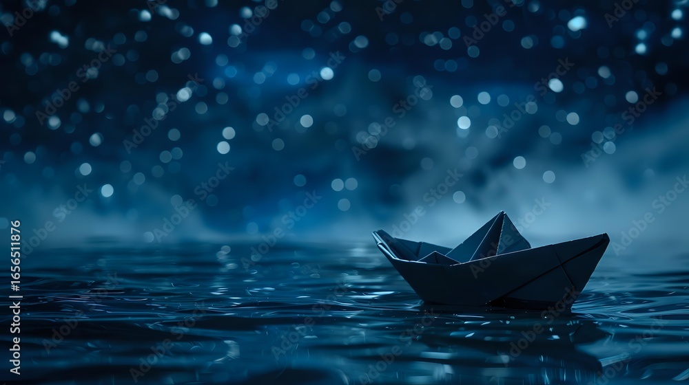 Poster paper boat floating on dark water surface with bokeh lights and raindrops creating magical atmospher