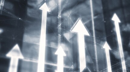 A group of white upward-pointing arrows symbolizing growth and progress set against a dark abstract background with digi