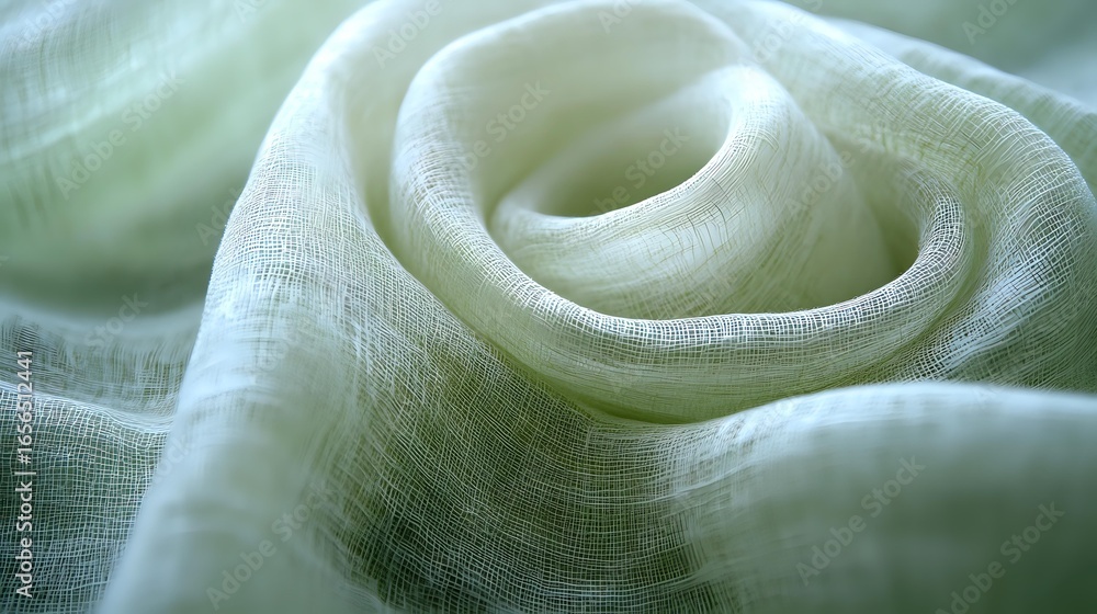 Poster soft green linen fabric with gentle folds and curves creating an abstract textural pattern with natu