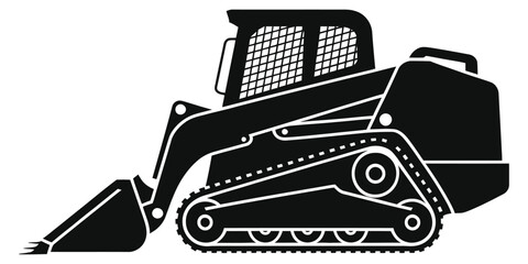 Black Silhouette of Compact Tracked Skid Steer Loader with Bucket, Heavy Construction Equipment Vector Illustration for Excavation, Landscaping, and Industrial Work Machinery