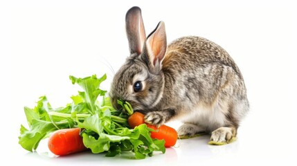 Obraz premium Adorable Baby Rabbit: A Pet Enjoying Fresh Vegetables in a Farm Setting