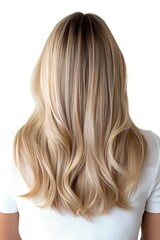 Obraz premium Back view of long wavy blonde hair with natural balayage highlights on white background, showing modern haircut and styling technique for beauty and salon industry.