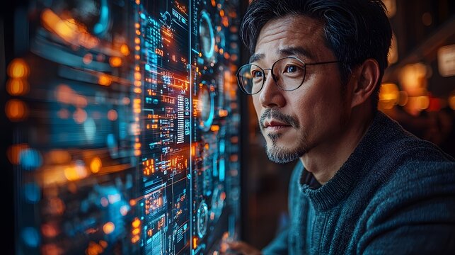 Asian business executive analyzing logistics data on a holographic dashboard