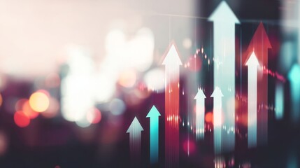 An array of upward-pointing arrows in blue and red shades symbolizes growth and positive movement against a blurred city