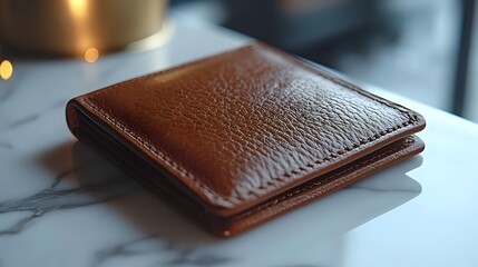 Brown leather wallet on marble surface with soft bokeh lighting in background, showcasing luxury accessories and premium craftsmanship details.