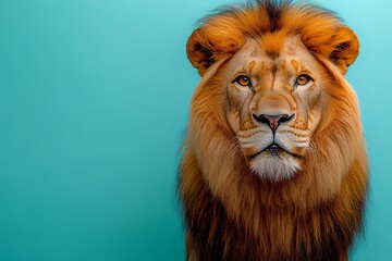 Obraz premium Majestic male lion with vibrant orange mane portrait against turquoise background, displaying powerful and noble expression. Wildlife studio photography for nature concepts.