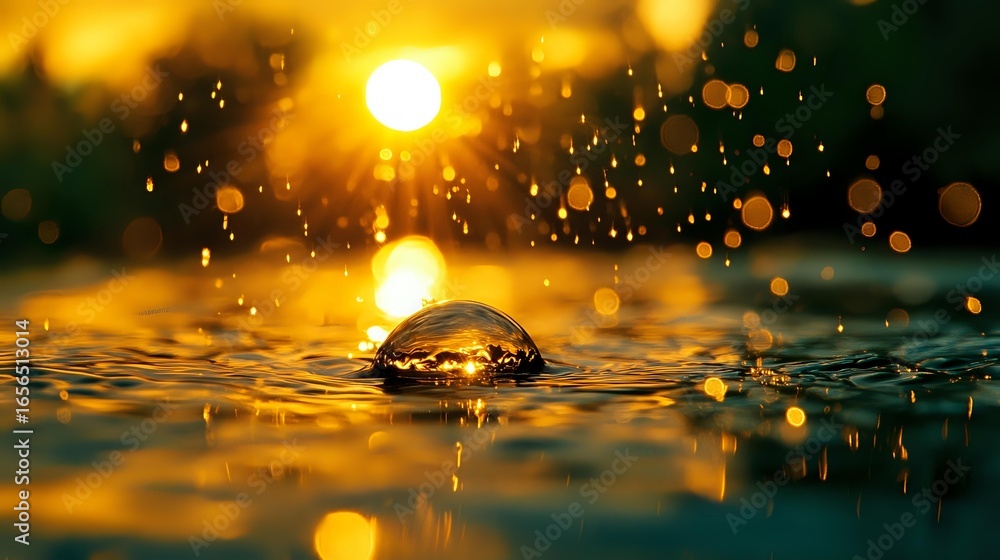 Poster water drop splash creating crown shape in golden sunset light with bokeh effect and ripples on water