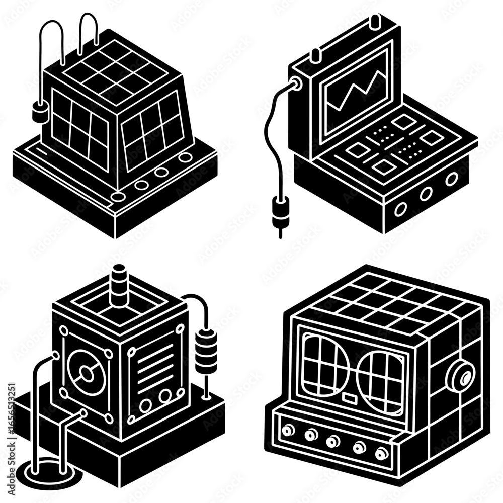 Poster isometric illustration of four retro science lab devices with screens and various buttons and knobs