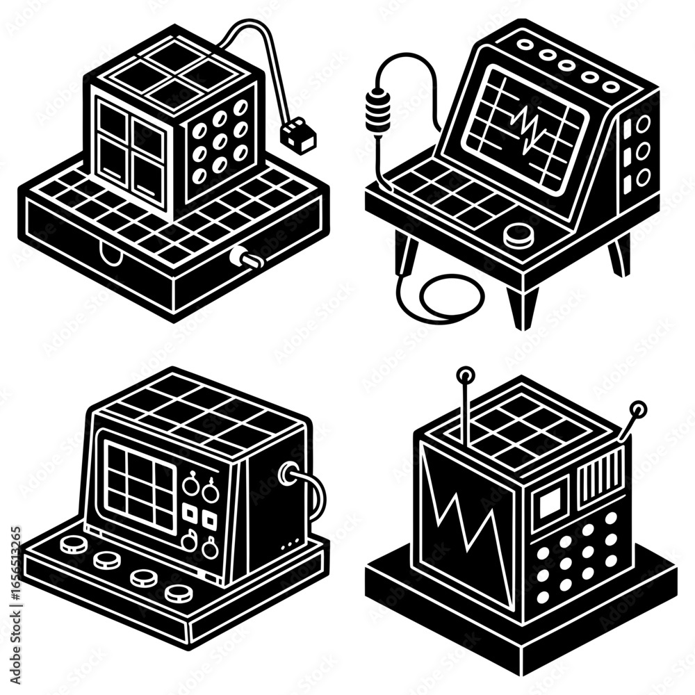 Poster isometric illustration of four retro science lab devices with buttons and screens in black and white